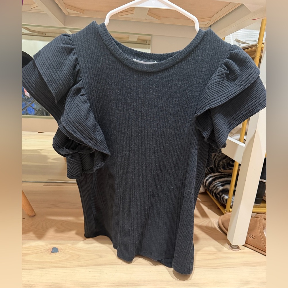 Zara Black Ribbed Ruffle Sleeve Tee